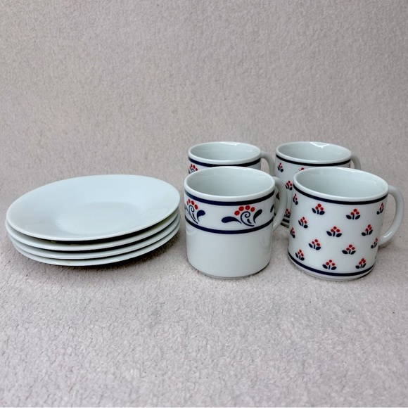 NEW Vintage Copco Fine Porcelain Espresso Mug/Saucer Set of 4-White/Blue/Red-82 - Picture 1 of 10